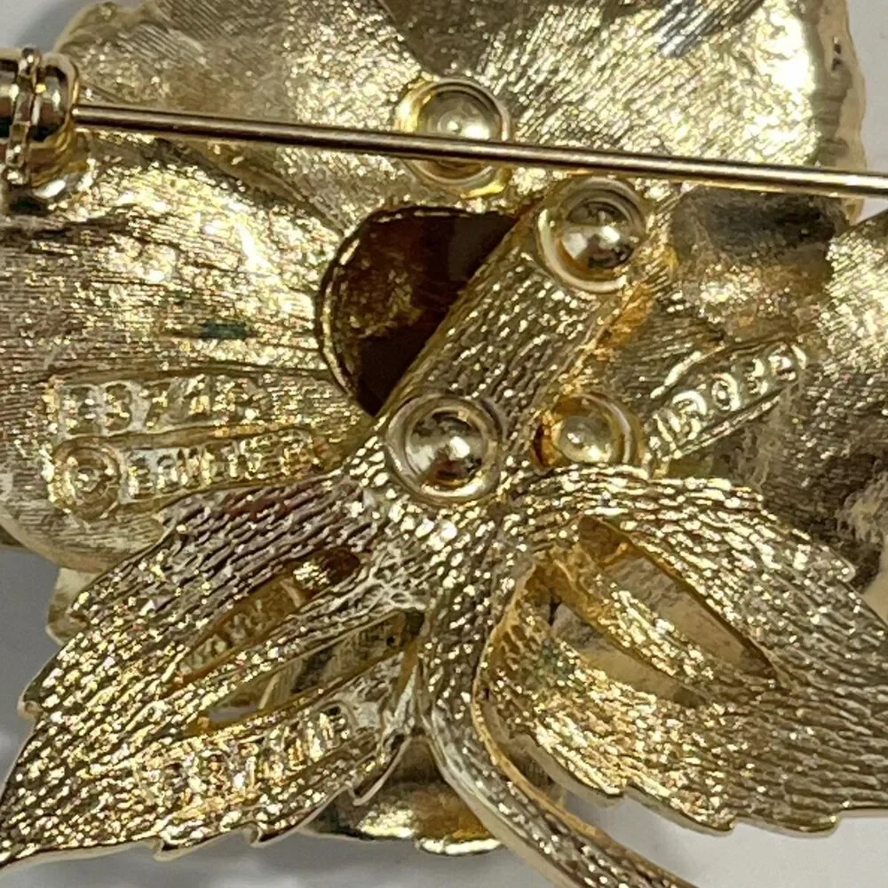 Vintage Marcel Boucher Rose Flower Brooch Gold Tone Pearl Pin Floral Italy